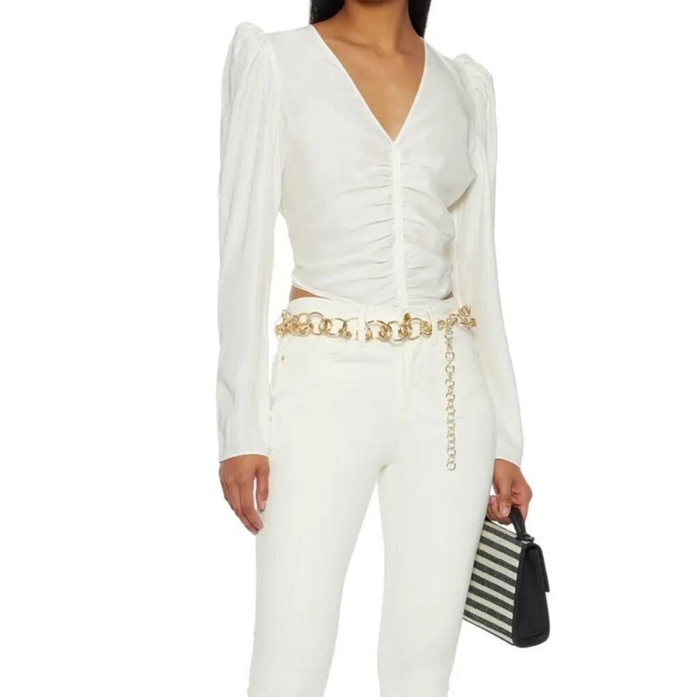 FRAME Agnes Ruched Washed Silk Top Button Sleeve Off White Ivory Women’s Size M